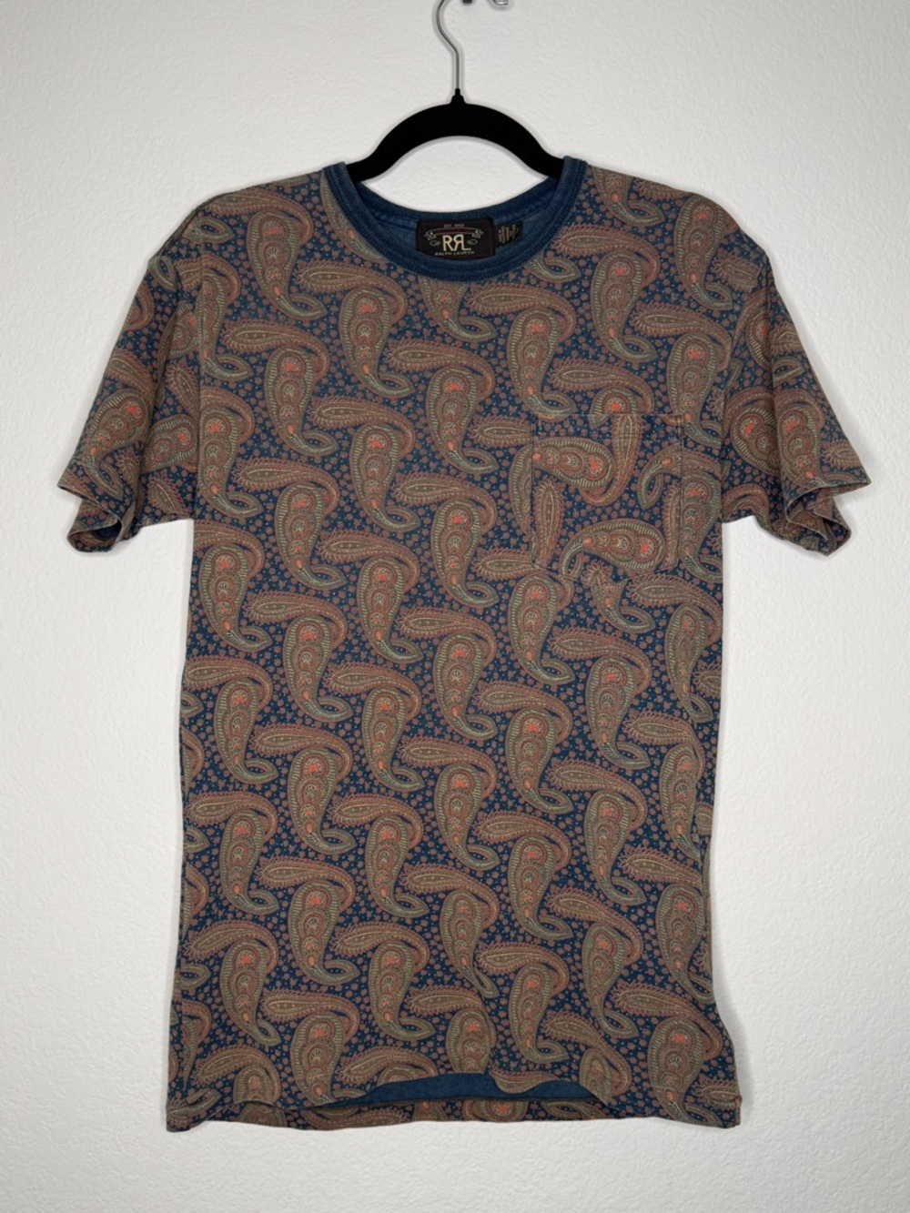 Ralph Lauren RRL Indigo Paisley Pocket Tee 100% Cotton Short Sleeve Size S